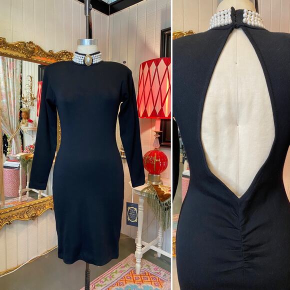 1980s black wool bandage dress backless beaded mock neck ruched 80s body con med - Picture 1 of 11